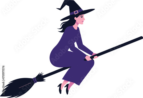 Witch in purple dress and hat flying on a broomstick, cartoon female witch with black hair, side profile, fantasy Halloween illustration