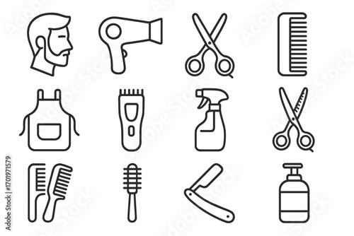 Barbershop and hairdressing tools outline icon set. Hair salon equipment for cutting and styling. Vector linear icons for grooming, clipper, scissors, comb, razor, hairdryer.