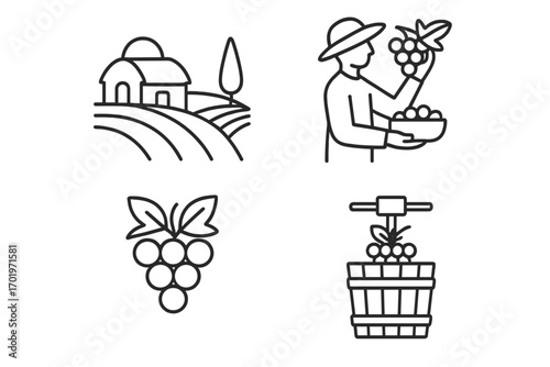 Grape harvest outline icon set. Vineyard, fruit picking, wine making line collection. Vector illustration. Farmer, grapes, press, agriculture, winery, food production symbols.