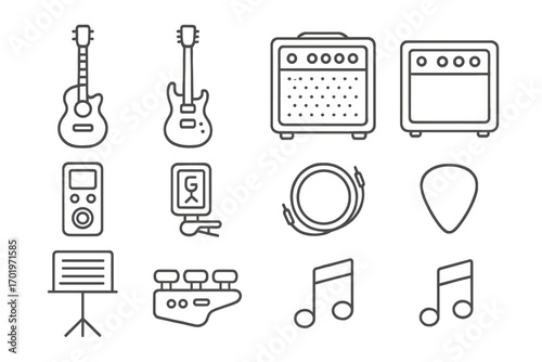 Guitar and music equipment line icon set. Acoustic, electric guitar, amplifier, tuner, pick, cable, music stand. Musician instrument linear symbols for rock music element.