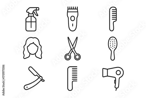 Barber shop & hairdressing salon tools outline icon set. Haircut, grooming, styling equipment vector icons. Clipper, scissors, comb, dryer, razor, brush isolated symbols.