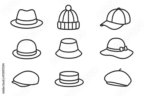 Hat and cap icon set vector. Headwear outline collection for fashion accessories. Variety of hat styles in cartoon illustration with transparent background. Ordered set 3.