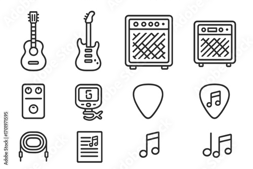 Guitar and music equipment line icon set. Vector outline icons of acoustic and electric guitar, amplifier, effects pedal, tuner, pick, notes. Musician instrument symbols.