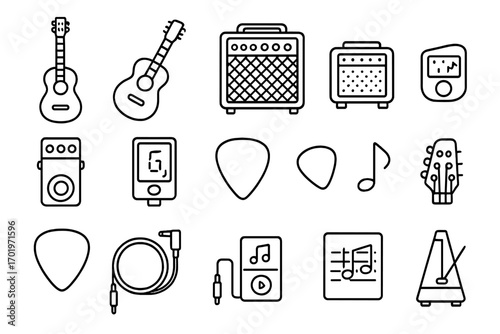 Guitar & music equipment line icon set. Vector illustration of musical instrument accessories. Amplifier, tuner, picks, plectrum, pedal, cable, metronome outline icons.