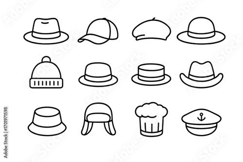 Hat and cap icon set, headwear outline collection for fashion and accessories, vector cartoon illustration, transparent background, stylish hats and caps variety, ordered set