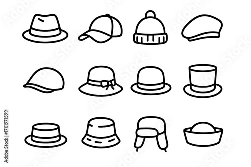 Hat and cap icon set, headwear outline collection for fashion and accessories, vector cartoon illustration, transparent background, ordered set of 12 stylish hats and caps