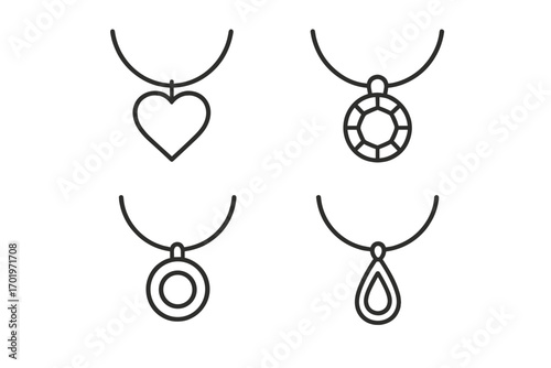 Jewelry necklace pendant line icon set, stylish accessory outlines vector, elegant charm collection, minimalist fashion design, transparent background illustration, ordered set 2