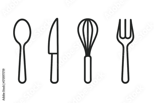 Kitchen tool line icon set with spoon, knife, whisk, and fork outline vector collection, minimalist kitchen utensils, cooking and baking essentials, transparent background, ordered collection
