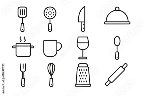 Kitchen utensils line icon set with cooking and dining culinary tools, linear style vector cartoon illustration, transparent background, ordered set 1