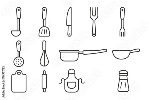 Kitchen utensils line icon set, cooking and dining culinary tools collection, vector cartoon illustration, transparent background, organized cooking equipment icons