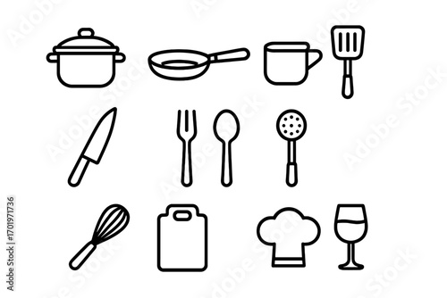 Kitchen utensils line icon set for cooking and dining, vector cartoon collection for home chefs, linear style illustration with transparent background, ordered set 2
