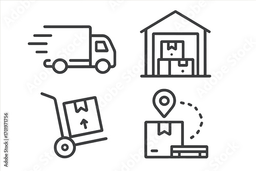 Modern line icons representing logistics, delivery truck, storage warehouse with packages, hand truck with box, shipment tracking location, vector cartoon illustration transparent background