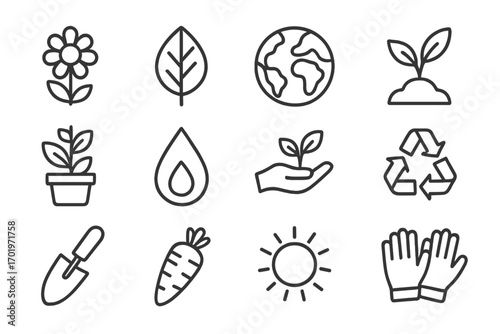 Nature and gardening outline icon set, floral and sustainability symbols, earth and plant growth line icons collection, eco-friendly gardening tools, environmental care vector illustration