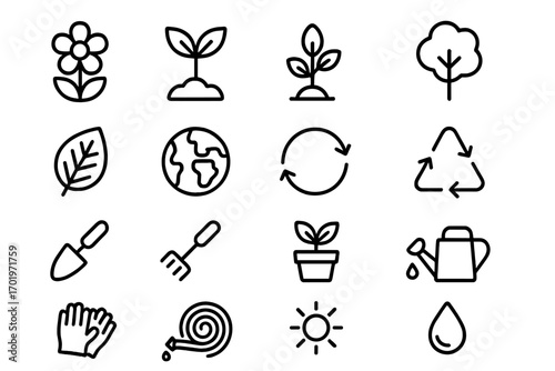 Nature and gardening outline icon set with floral elements, sustainability symbols, earth, tools, watering can, gloves, and sun vector collection, environmental care illustration