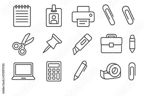 Essential office and utility outline icon set, practical tools and stationery in simple line style, vector cartoon illustration with transparent background, ordered office supplies icons