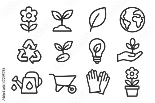 Nature gardening outline icon set with floral elements, sustainability symbols, earth, plant sprouts, watering can, gloves, and gardening tools, eco-friendly vector cartoon illustration