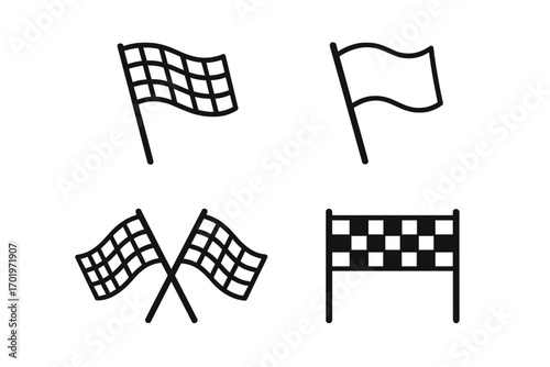 Racing flags line icon set, motorsport finish line symbols, checkered flags, race victory signs in linear style, vector cartoon illustration with transparent background, ordered set 4