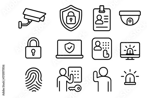 Security and access control line icon set, monitoring protection symbols in outline style, vector cartoon illustration with transparent background, ordered set of safety icons
