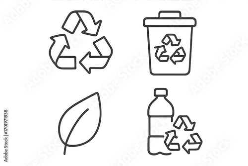 Recycling symbol icon set, eco-friendly waste management outline icons, vector cartoon illustration with transparent background, sustainable living, environmental care, green energy symbols