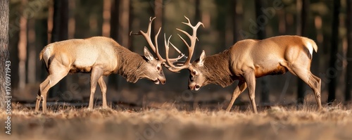Two majestic deer engage in a fierce duel, showcasing their impressive antlers in a serene forest setting.