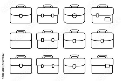 Set of Outline Briefcases in Rows, Professional Business Bag Icons, Vector Cartoon Illustration, Minimalist Design, Office and Work Accessories, Transparent Background