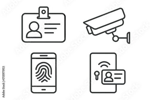 Security and access control line icon set with identification badge, surveillance camera, fingerprint smartphone scan, and electronic door entry system, vector cartoon illustration
