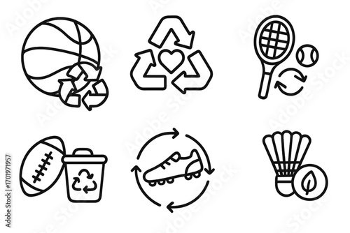 Recycling sports equipment icon set, line gear icons for sustainability, eco-friendly athletic symbols, vector cartoon illustration with transparent background, ordered set of 3
