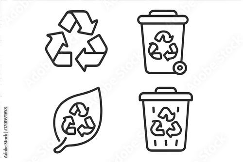 Recycling symbol icon set, eco-friendly waste management outline style, vector cartoon illustration collection, transparency background, environmental conservation icons