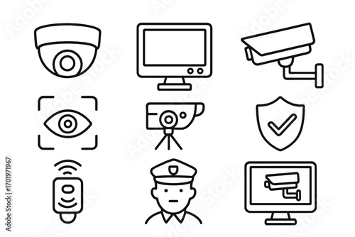 Security and surveillance line icon set, monitoring camera outline collection, vector cartoon illustration with transparent background, ordered icons for security system and CCTV technology
