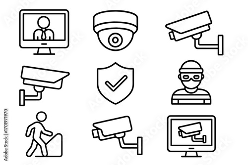 Security and surveillance line icon set, video monitoring camera outline collection, CCTV and intruder, protection shield, thief and walking person, digital security system symbols vector illustration