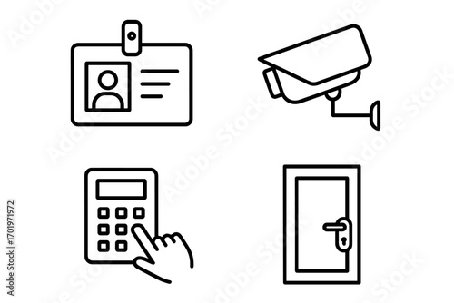 Security and access line icon set with identification badge, surveillance camera, keypad entry, and door lock vector cartoon illustration transparent background ordered set 4