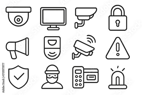 Security and surveillance icon set with cameras, monitors, alarms, lock, shield, alert, and access control equipment. Vector line art collection, cartoon style, transparent background, ordered set