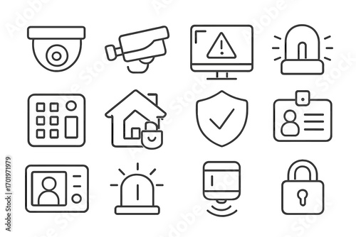 Security and surveillance icon set, camera monitor equipment, vector line art illustration, home protection symbols, alarm system, access control, identification badges, safety shield