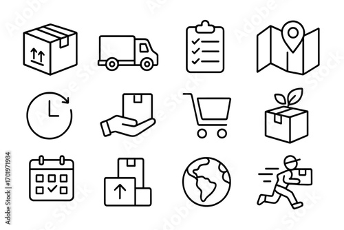 Shipping and delivery outline icon set, logistics symbols, supply chain process, eco-friendly parcel icons, transportation and cargo, fast shipping concept vector cartoon, transparent background