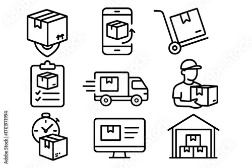 Shipping and delivery outline icon set, package tracking, logistics line icons collection, fast parcel delivery, warehouse management, courier service, transport vector