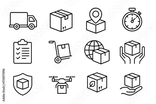 Shipping and delivery icon set with logistics, supply chain symbols, eco-friendly shipping, parcel package, global transport, drone delivery, timer, checklist, hand holding box vector illustration