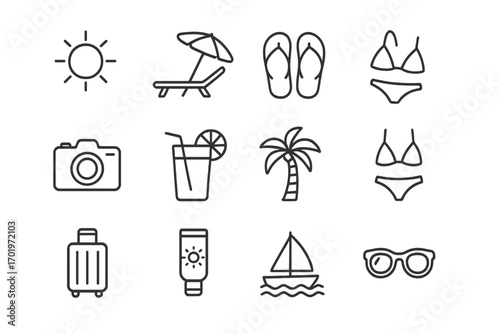 Summer beach outline icon set, vacation travel icons in simple line style, vector cartoon illustration with sun, palm tree, sunglasses, swimsuit, flip flops, camera, suitcase, sailboat, and sunscreen