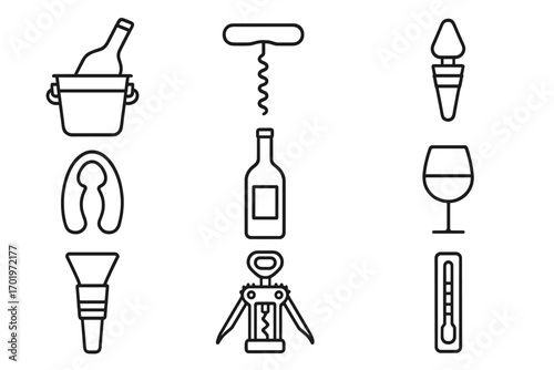 Wine accessories icon set linear style vector illustration for winery bar restaurant drink collection with corkscrew, bottle stopper, wine glass, thermometer, ice bucket, foil cutter