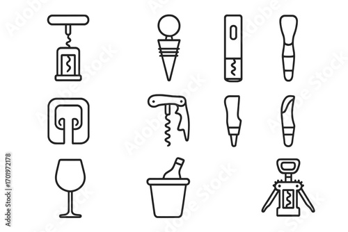 Wine accessories icon set with linear style icons for winery, bar, and drink collection. Vector cartoon illustration with transparent background, ordered set of wine tools and glassware.
