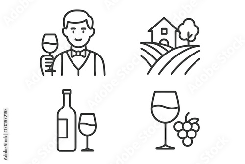 Wine tasting line icon set with sommelier holding glass, vineyard landscape, wine bottle with glass, and wine glass with grape cluster, vector outline illustration collection