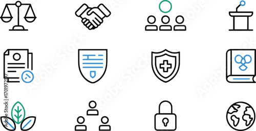 Social and policy icons set. community, regulation, rights, governance icons. vector illustration	
