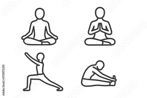 Yoga pose outline icon set, meditation fitness relaxation symbols, line art style vector cartoon illustration, transparent background, wellness exercise collection