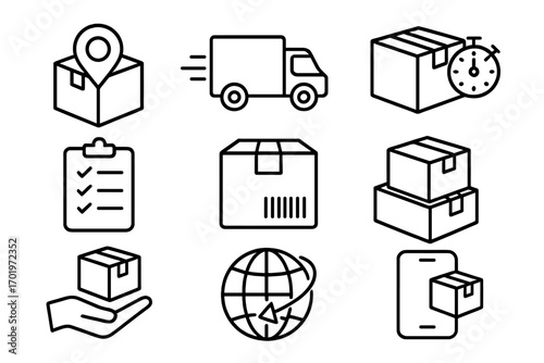 Shipping and delivery outline icons set, package tracking and logistics line symbols collection, vector cartoon illustration, transparent background, order and shipment concept