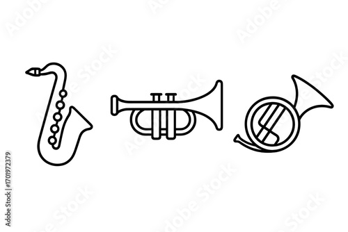 Music instruments outline icon set with saxophone, trumpet, horn. Linear vector collection of brass instrument icons. Cartoon style illustration with transparent background for design