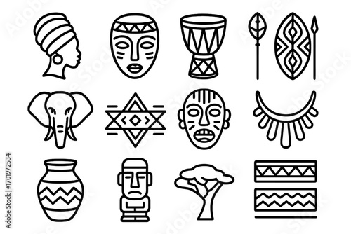 African tribal designs icon set. Ethnic culture, tribal art icons outline collection. Vector illustration of mask, drum, elephant, woman, shield, spear, vase, tree, statue.