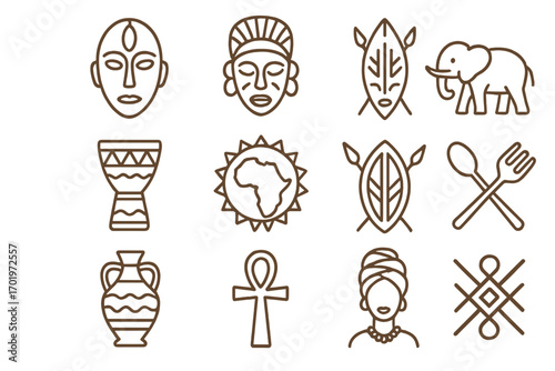 African tribal icon set. Linear cultural symbols collection with mask, djembe drum, elephant, ankh, shield. Ethnic heritage and tradition outline vector illustration.