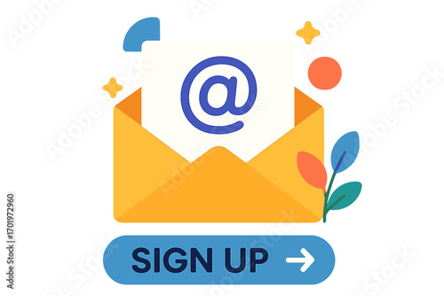 Email sign-up graphic with envelope and @ symbol in colorful design Email signup