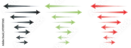 Gradient Arrow Set. Black, Green, and Red Dotted Outline Arrows.