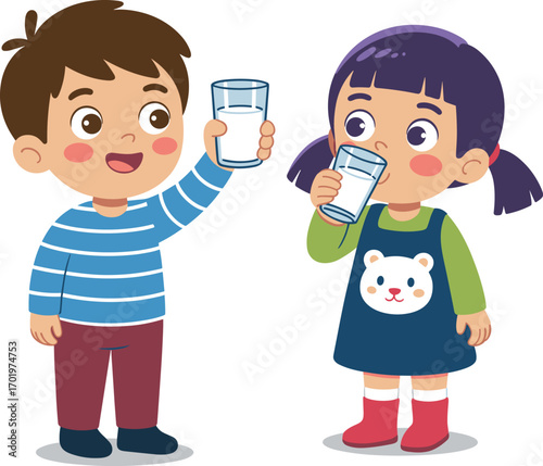 Cute happy kids drinking fresh milk from glasses, healthy lifestyle, child nutrition, adorable boy and girl enjoying dairy drink vector.