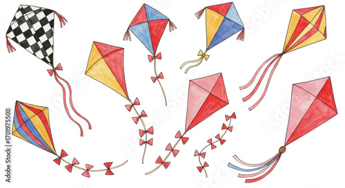 Watercolor checkerboard and striped kites air set.